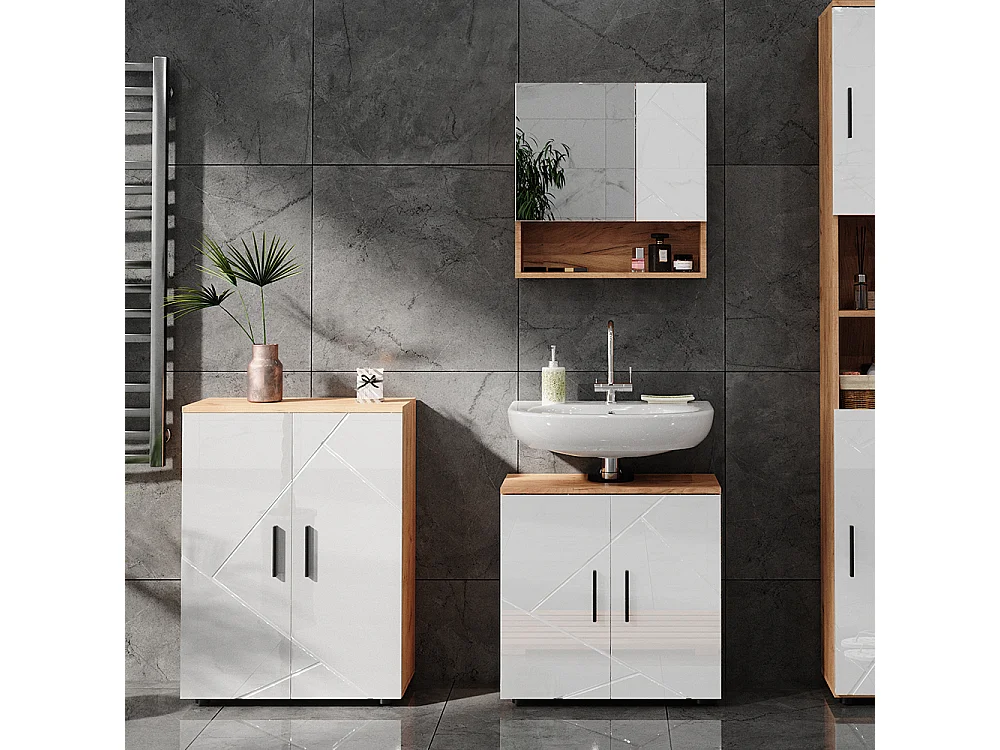 Meuble salle de bain blanc brillant/chêne doré 60x30x81 irma