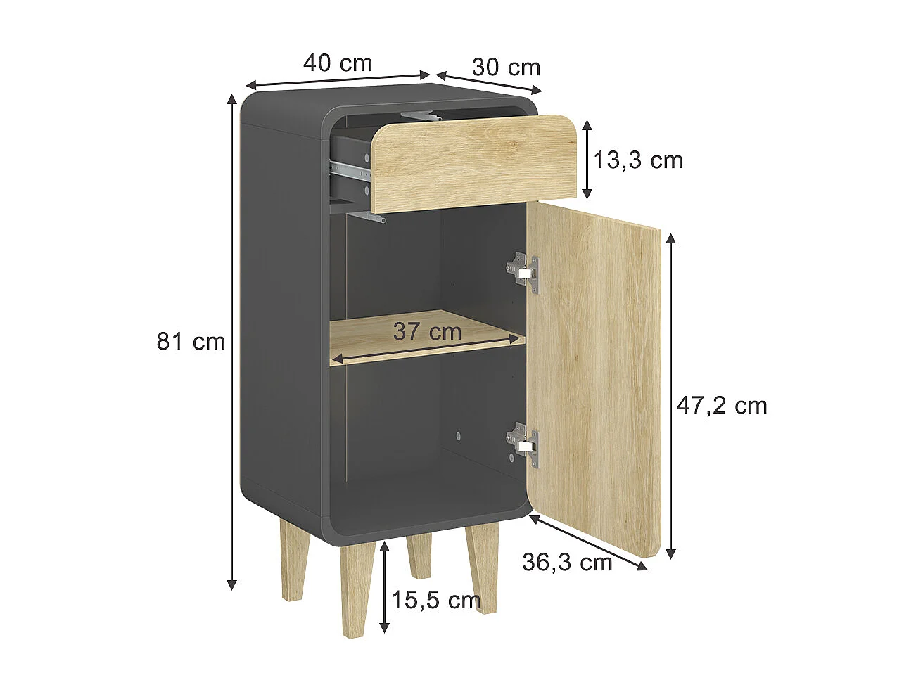 Meuble middle anthracite/chêne 40x30x81 arla