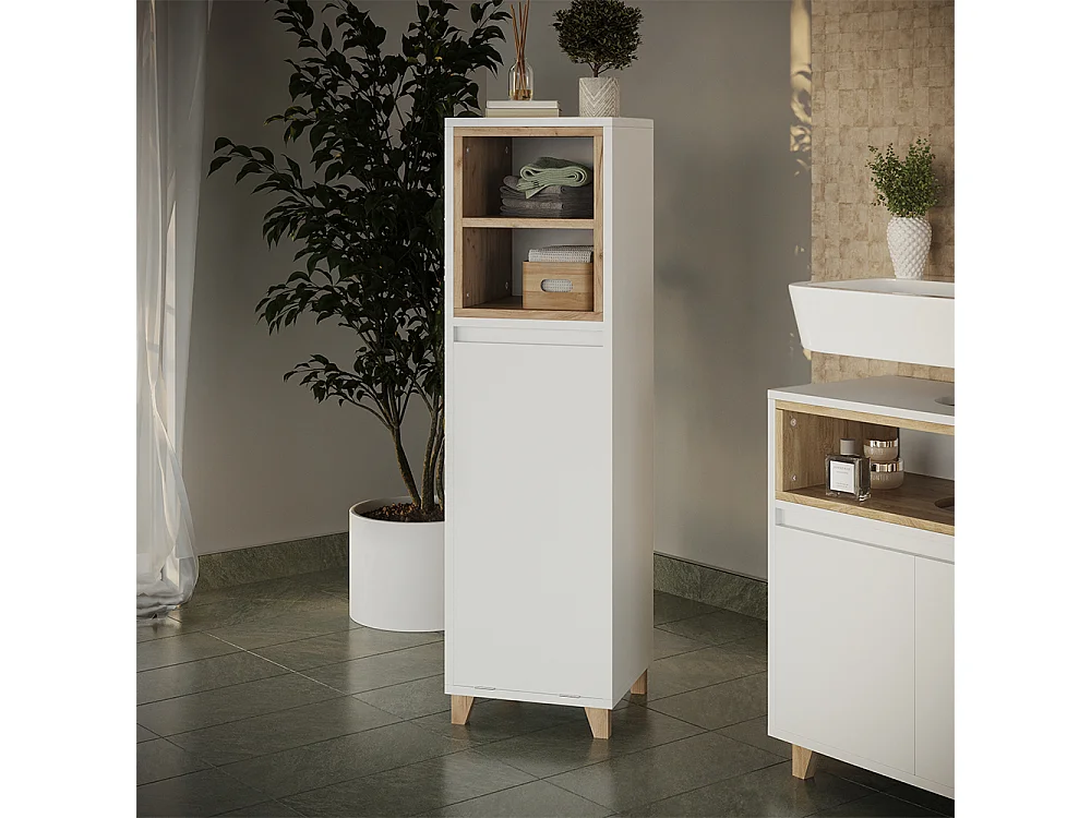 Meuble salle de bain blanc/chêne 30x30x105 elnor