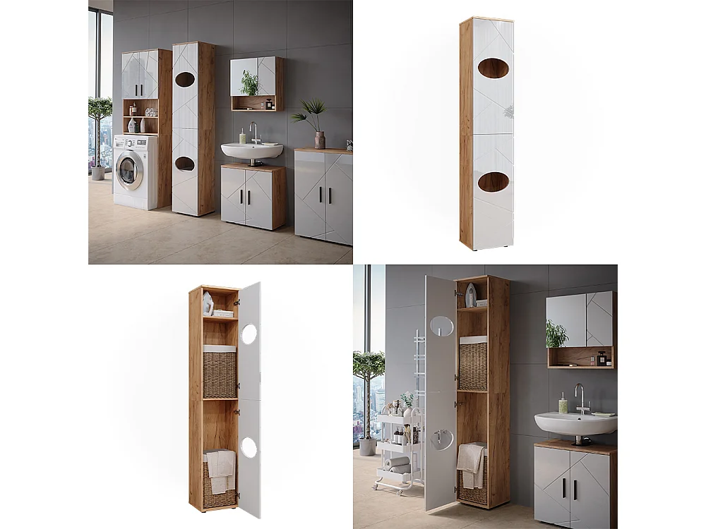 Wäscheschrank  weiß hochglanz/goldkraft eiche 37.2x32x192 irma