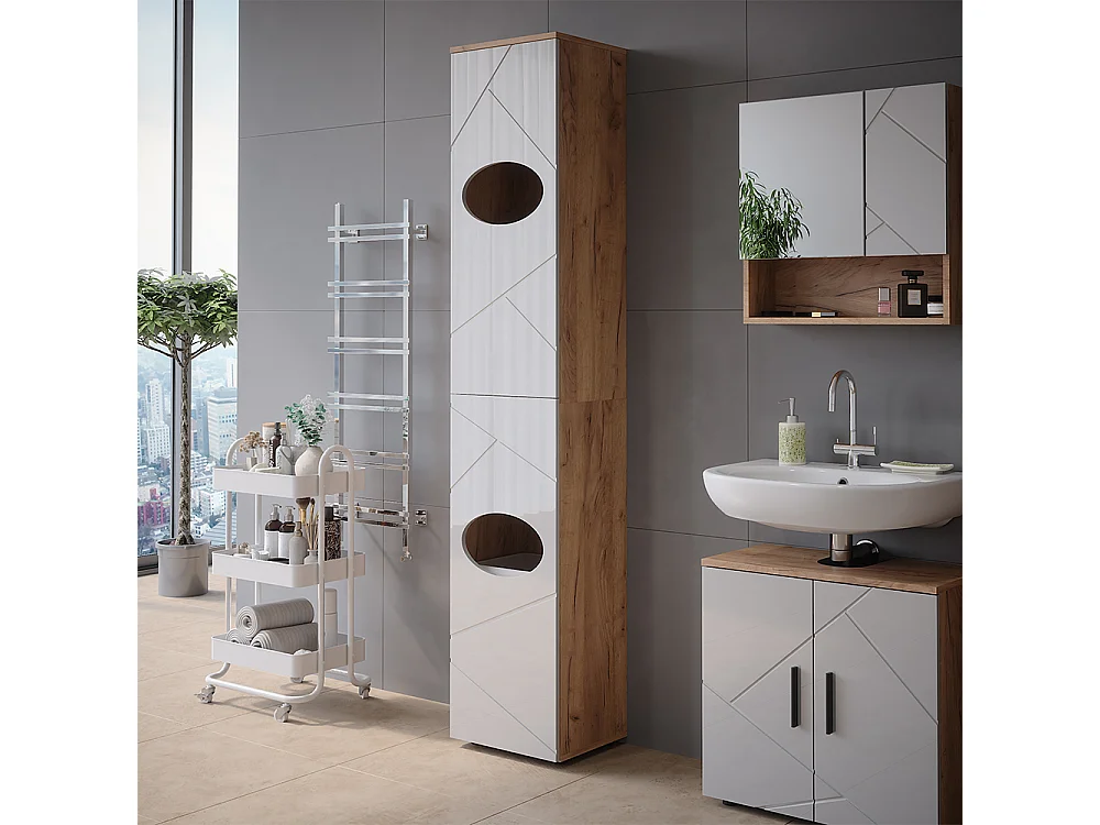 Armoire à linge  blanc brillant/chêne doré 37.2x32x192 irma