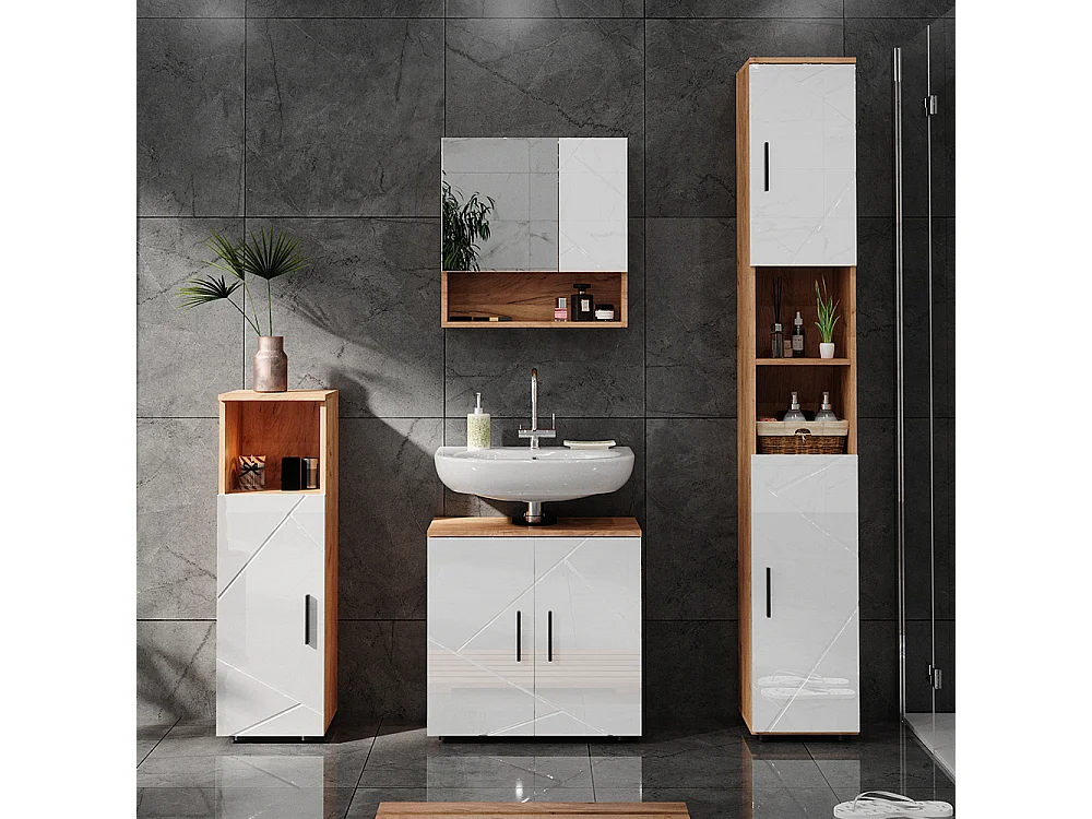 Midischrank weiß hochglanz/goldkraft eiche 30x30x95 irma