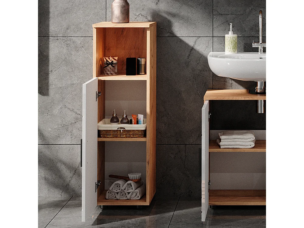 Midischrank weiß hochglanz/goldkraft eiche 30x30x95 irma