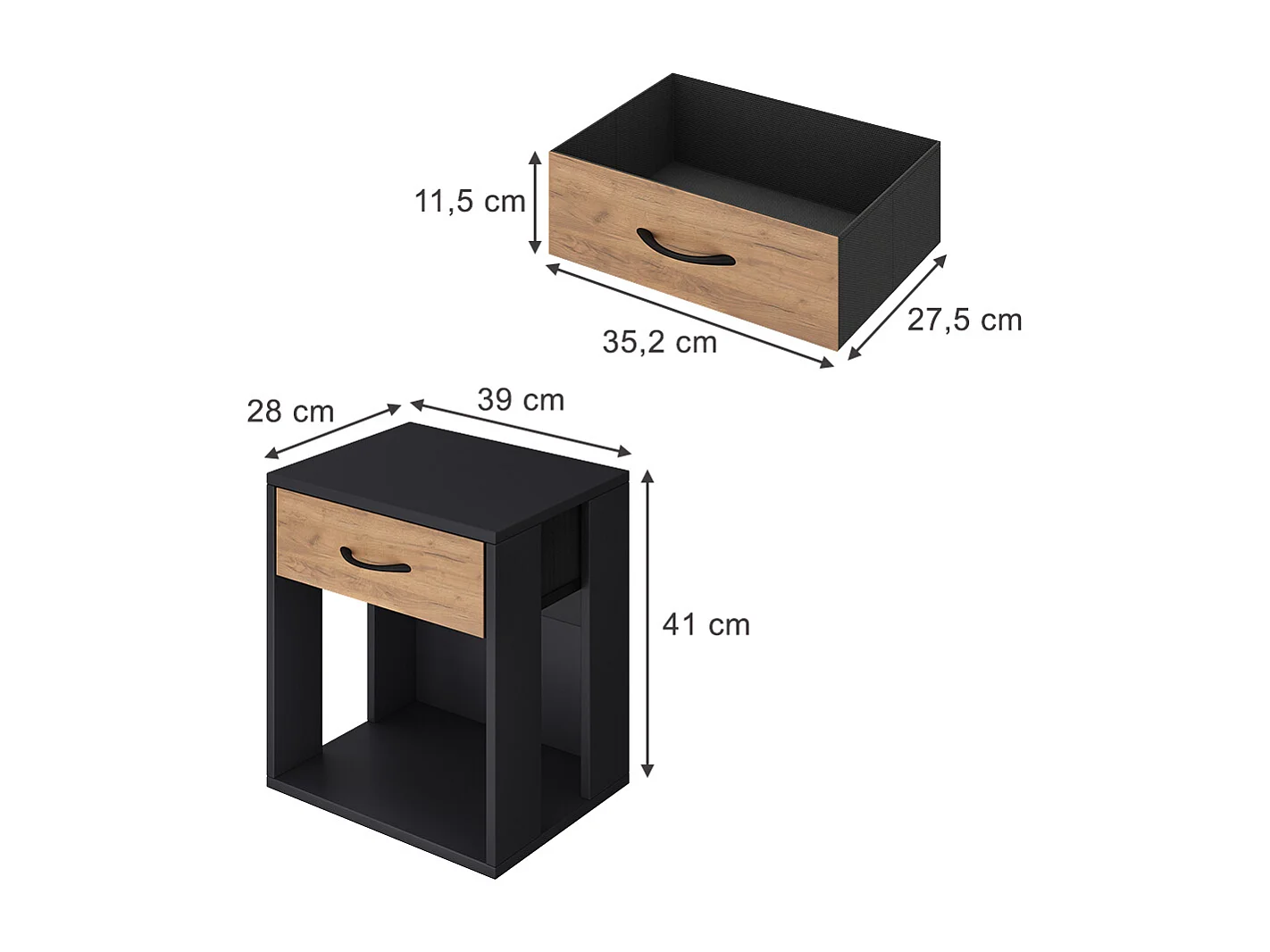 Table de nuit anthracite/chêne doré 39x28x41 virela