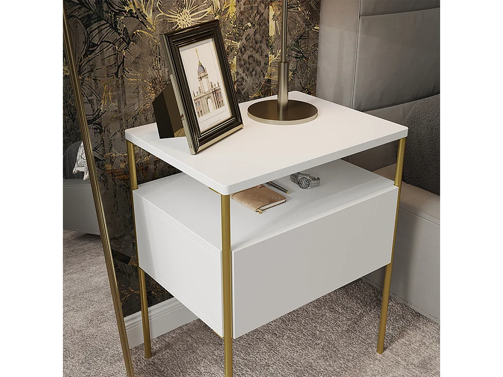 Table de chevet blanc/or 40x30x50 mira