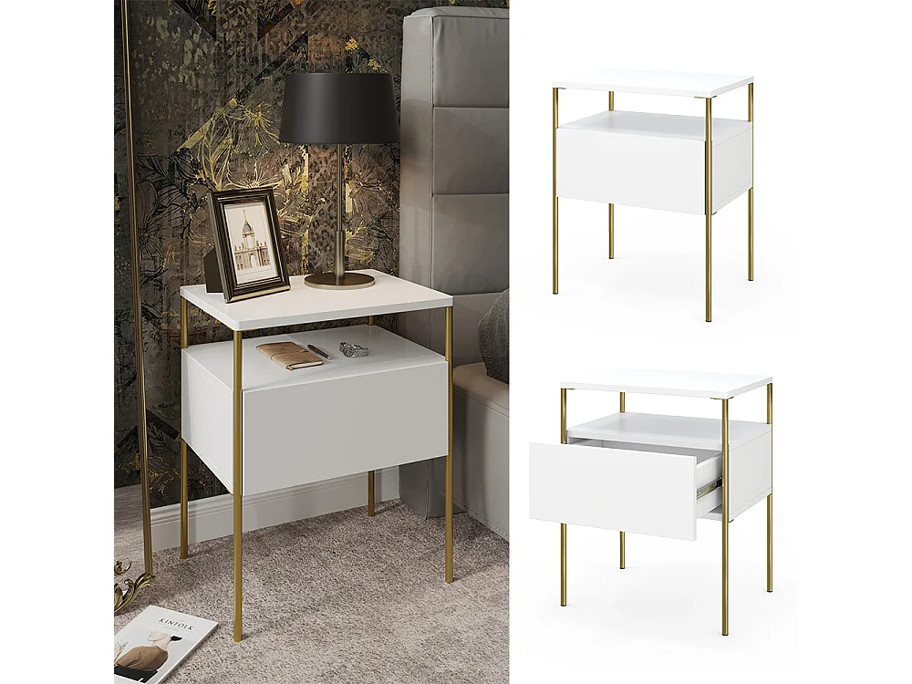 Sengebord hvid/guld 40x30x50 mira