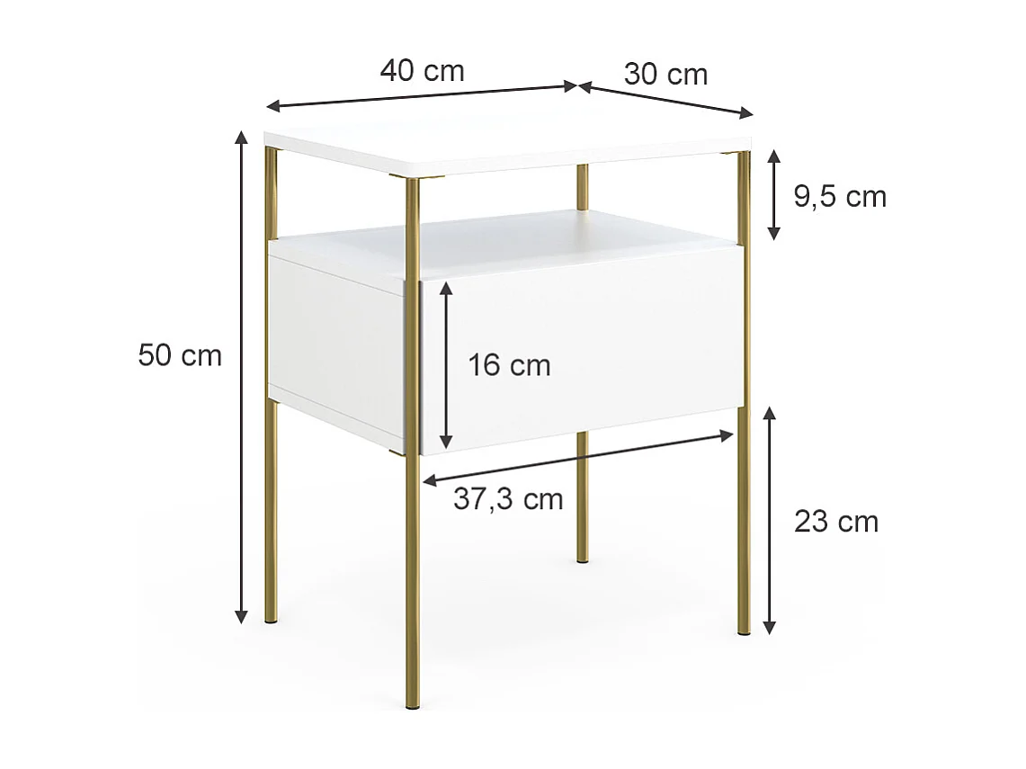 Sengebord hvid/guld 40x30x50 mira