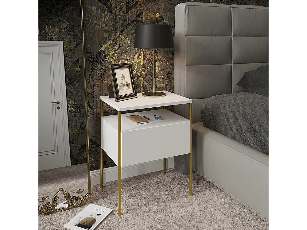 Sengebord hvid/guld 40x30x50 mira