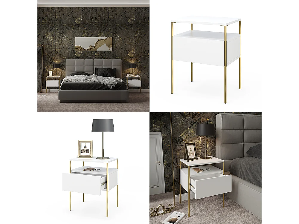 Sengebord hvid/guld 40x30x50 mira