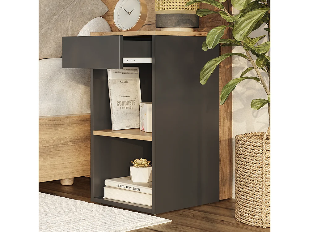 Table de nuit anthracite/chêne doré 35x35x65 dany