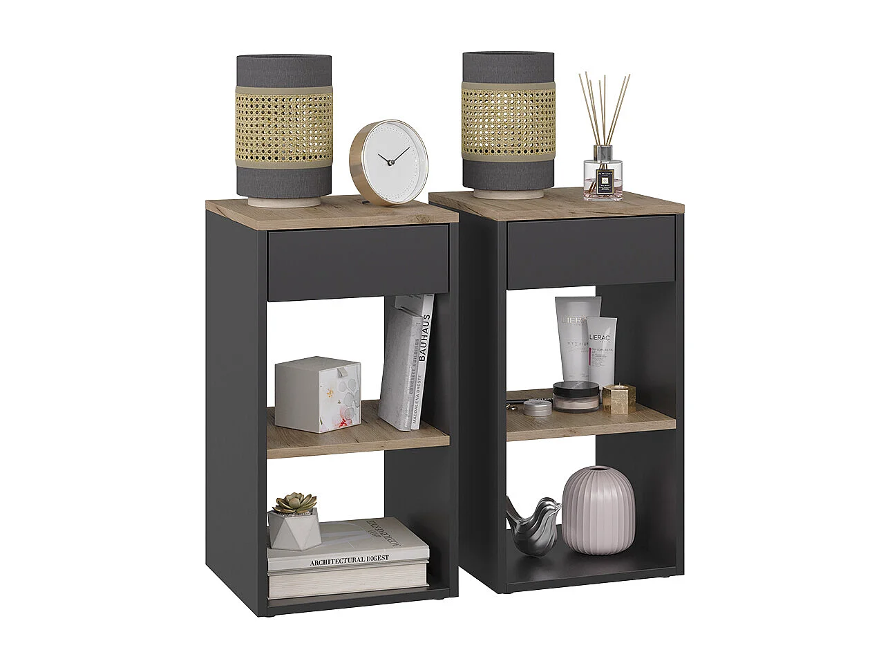 Table de nuit anthracite/chêne doré 35x35x65 dany