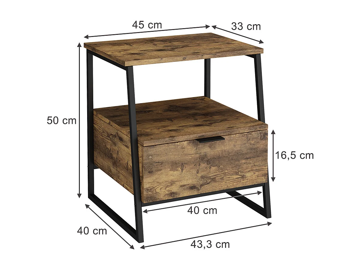 Table de nuit chêne rustique/noir 45x40x50 lunor