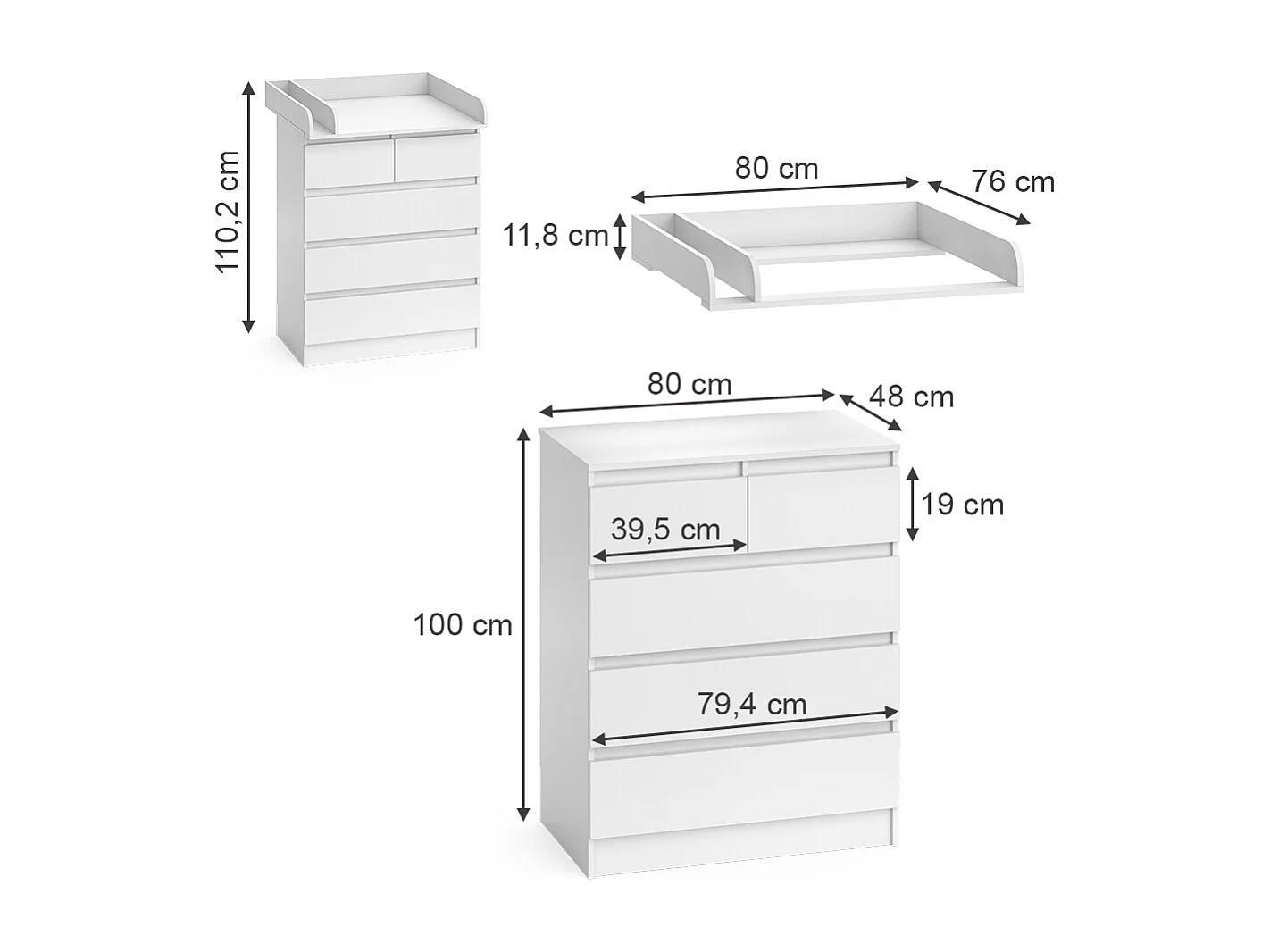 Commode à langer blanc 80x76x110.2 emma