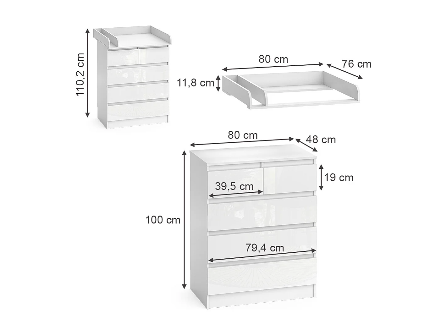 Commode à langer blanc/blanc brillant 80x76x110.2 emma
