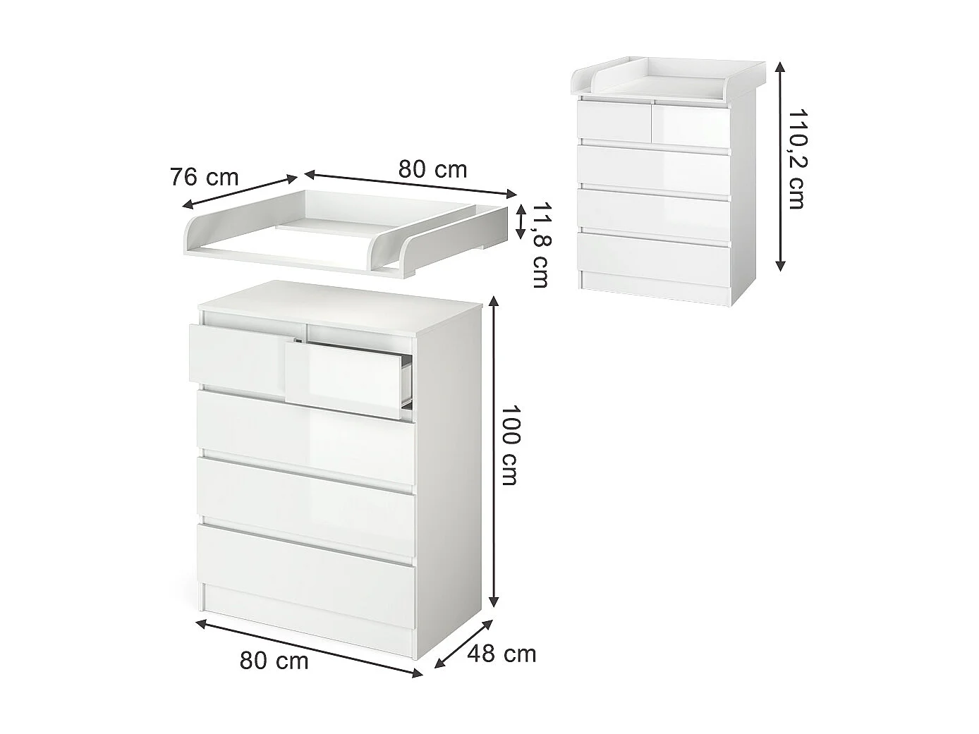 Commode à langer blanc/blanc brillant 80x76x110.2 emma