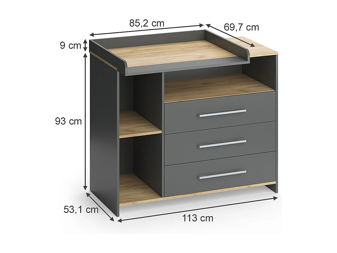 Commode à langer anthracite/chêne doré 113x53.1x93 oskar