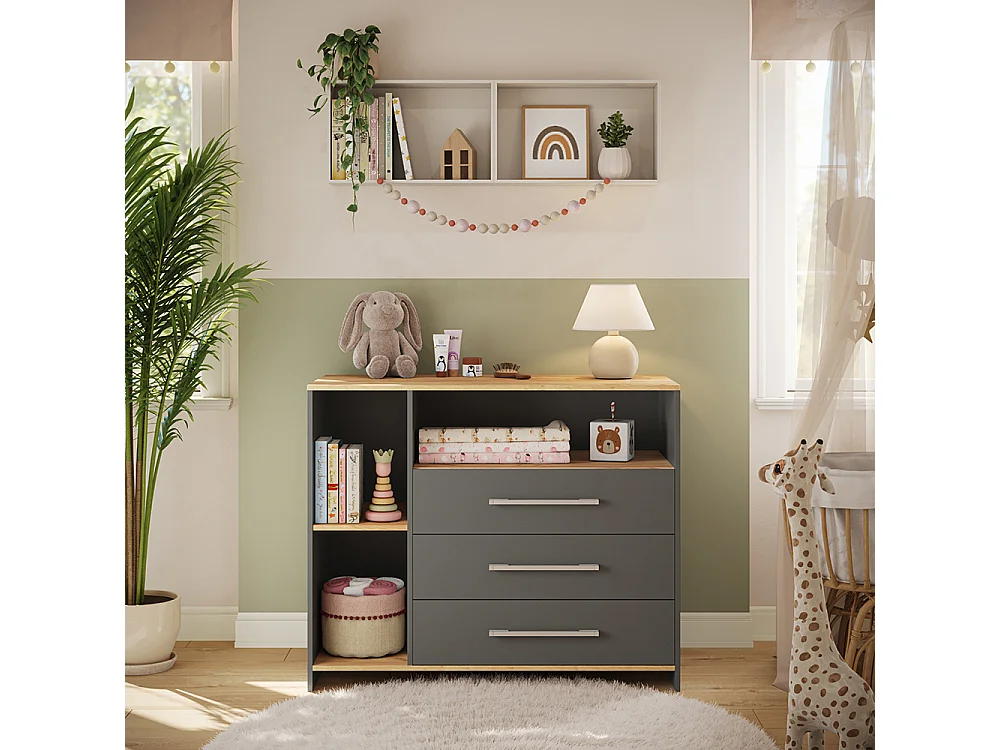 Commode à langer anthracite/chêne doré 113x53.1x93 oskar