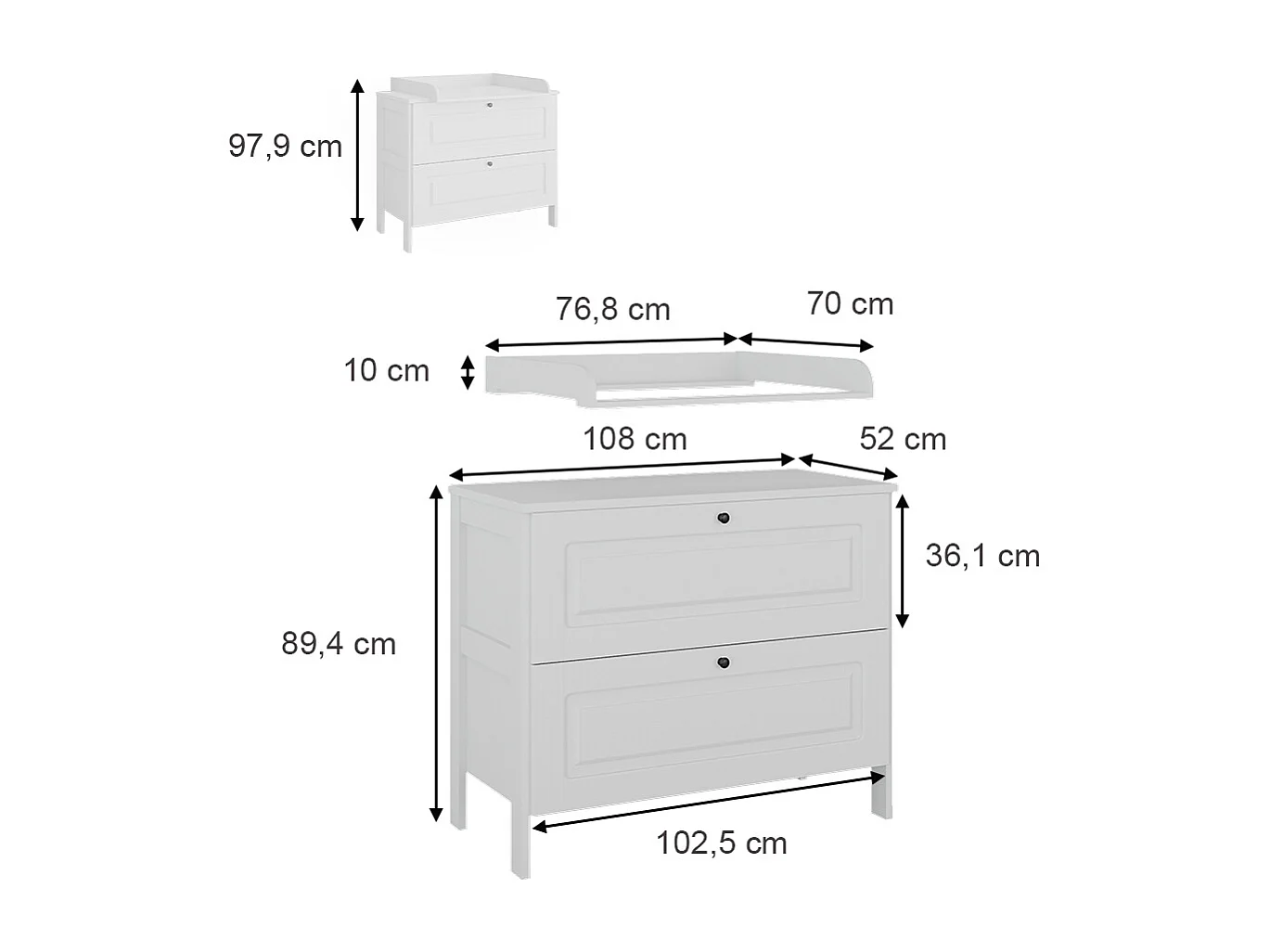 Table à langer blanc 108x70x98 ajaton