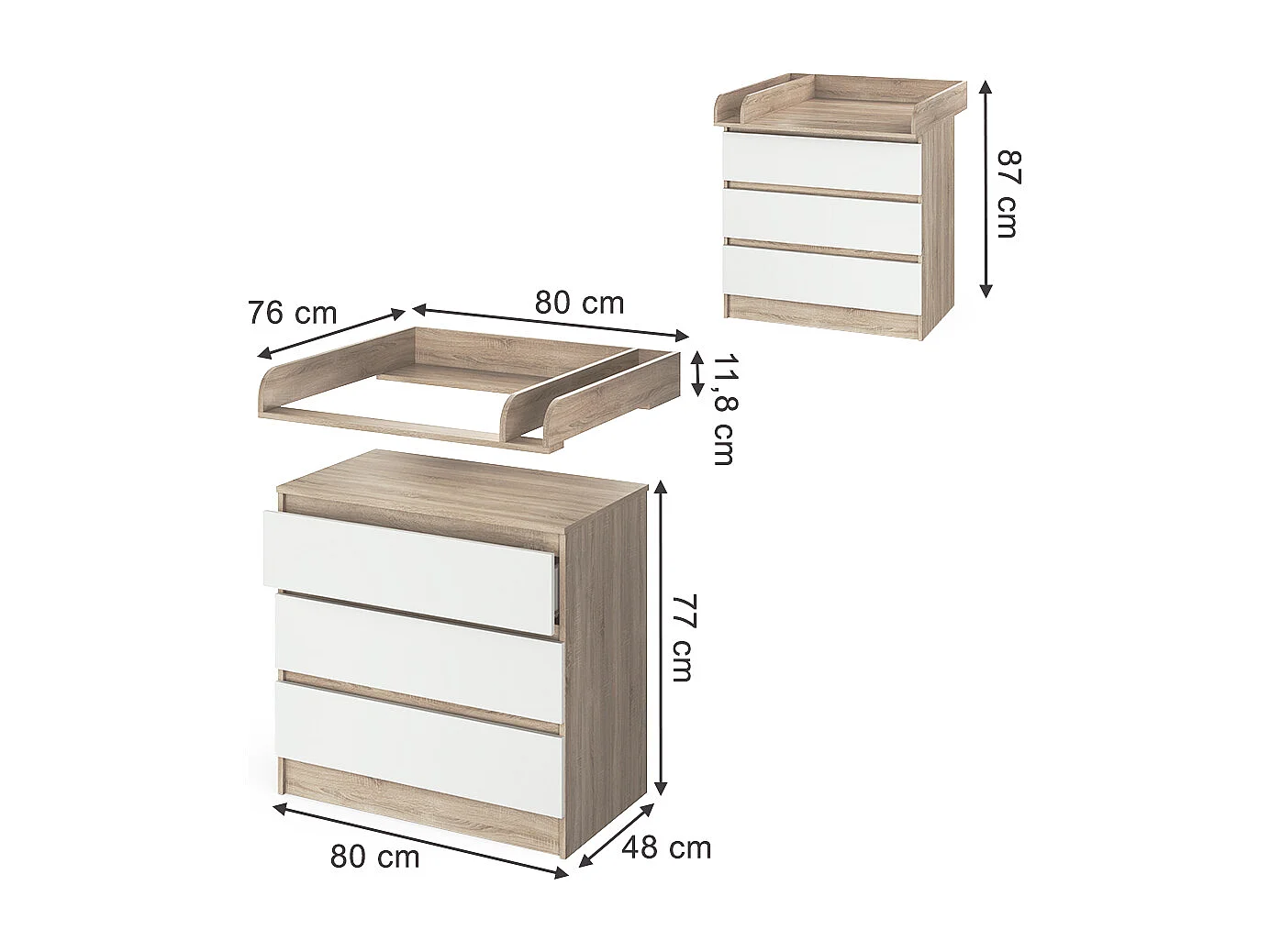 Commode à langer sonoma/blanc 80x76x87 emma