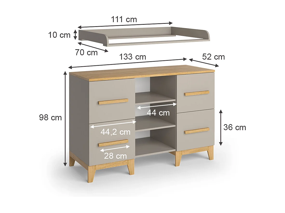 Commode à langer chêne cachemire 133x70x108 malia
