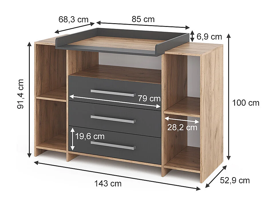 Commode à langer anthracite/sonoma 143x70x100 oskar