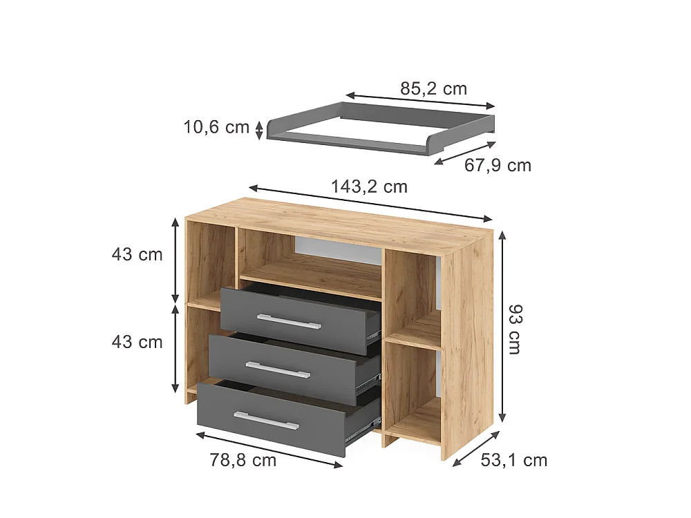 Commode à langer anthracite/sonoma 143x70x100 oskar