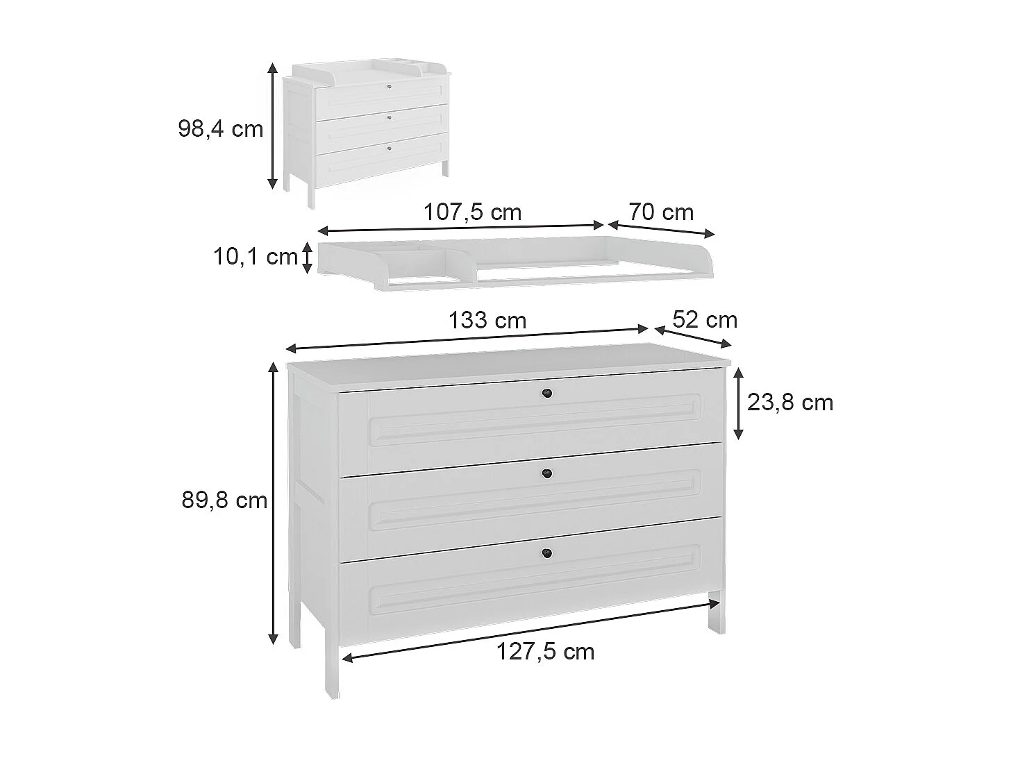 Table à langer blanc 133x70x98.4 ajaton