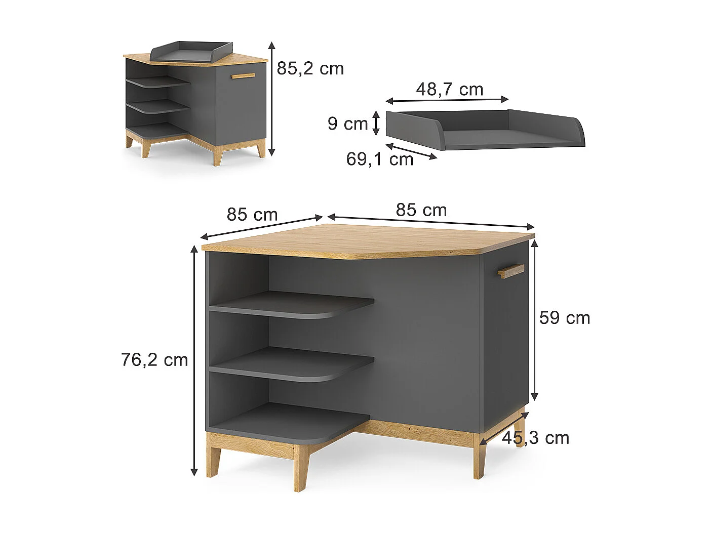 Commode à langer gris 85x85x85.2 malia