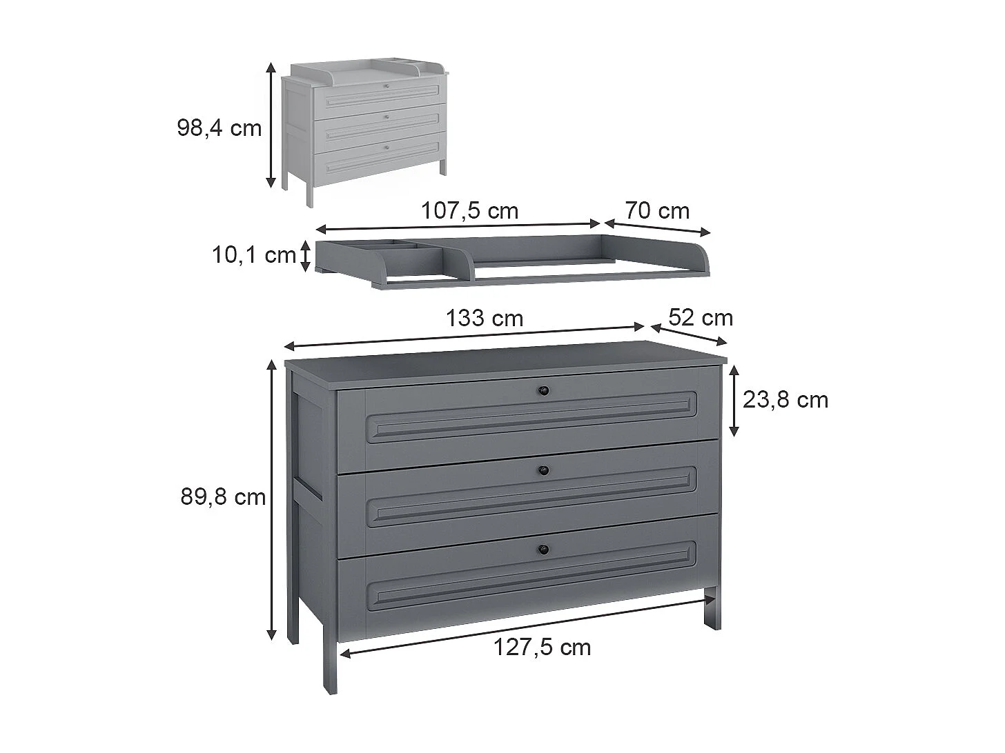 Commode à langer gris 133x70x98.4 ajaton