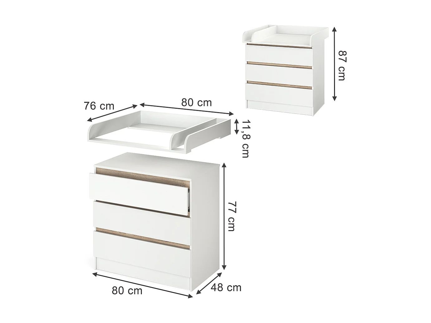 Commode à langer blanc/sonoma 80x76x87 emma