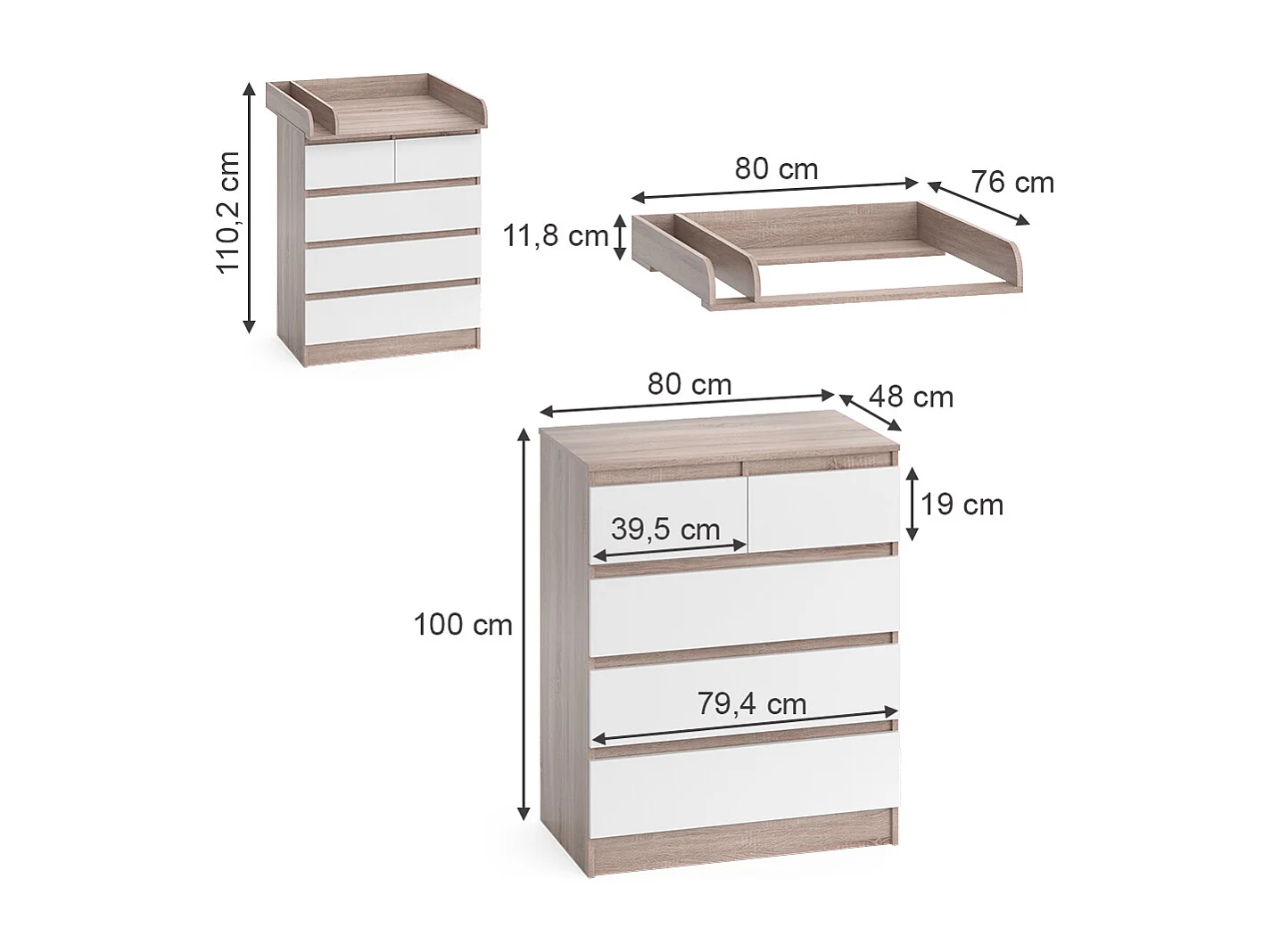 Commode à langer sonoma/blanc 80x76x110.2 emma