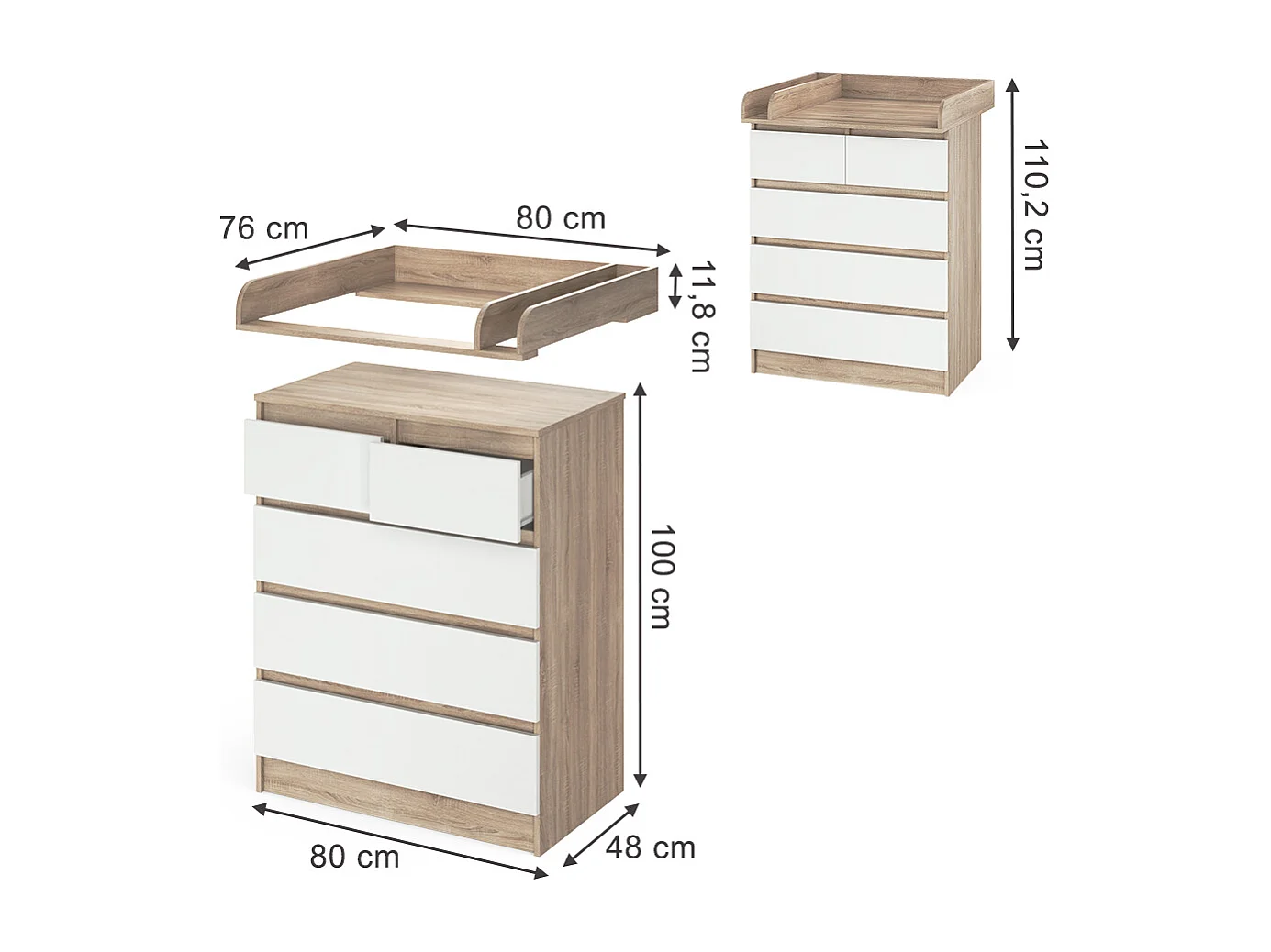 Commode à langer sonoma/blanc 80x76x110.2 emma