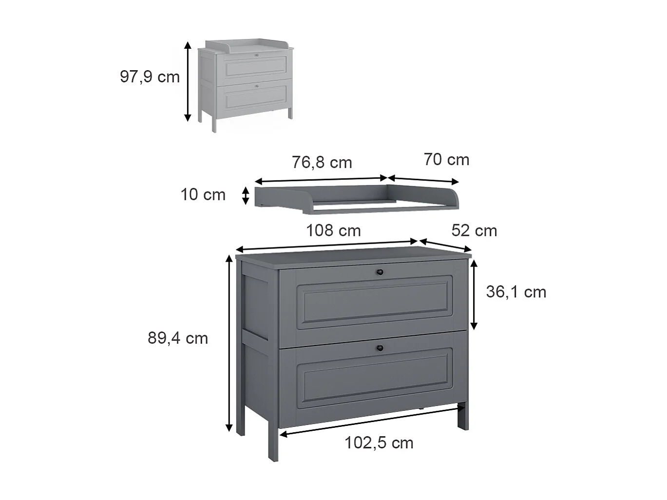 Commode à langer gris 108x70x98 ajaton