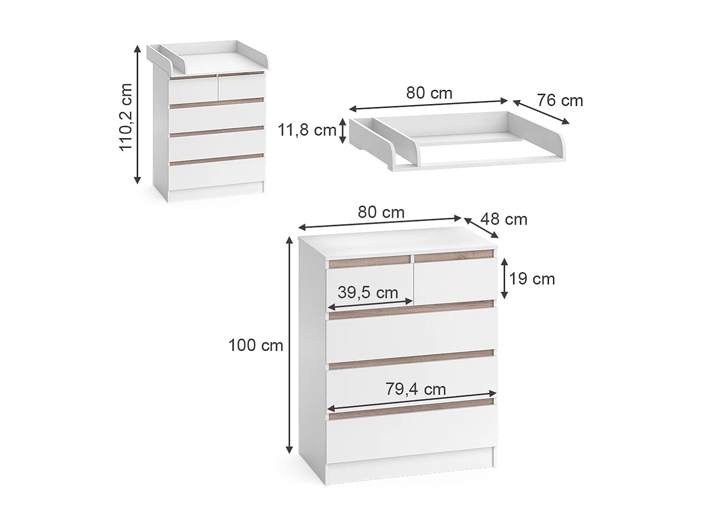 Commode à langer blanc/sonoma 80x76x110.2 emma