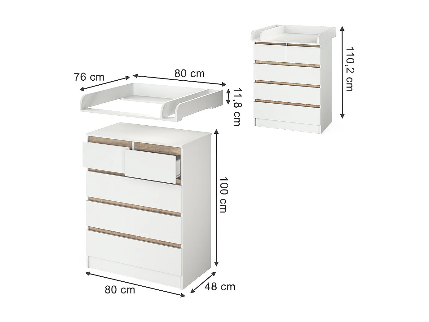 Commode à langer blanc/sonoma 80x76x110.2 emma