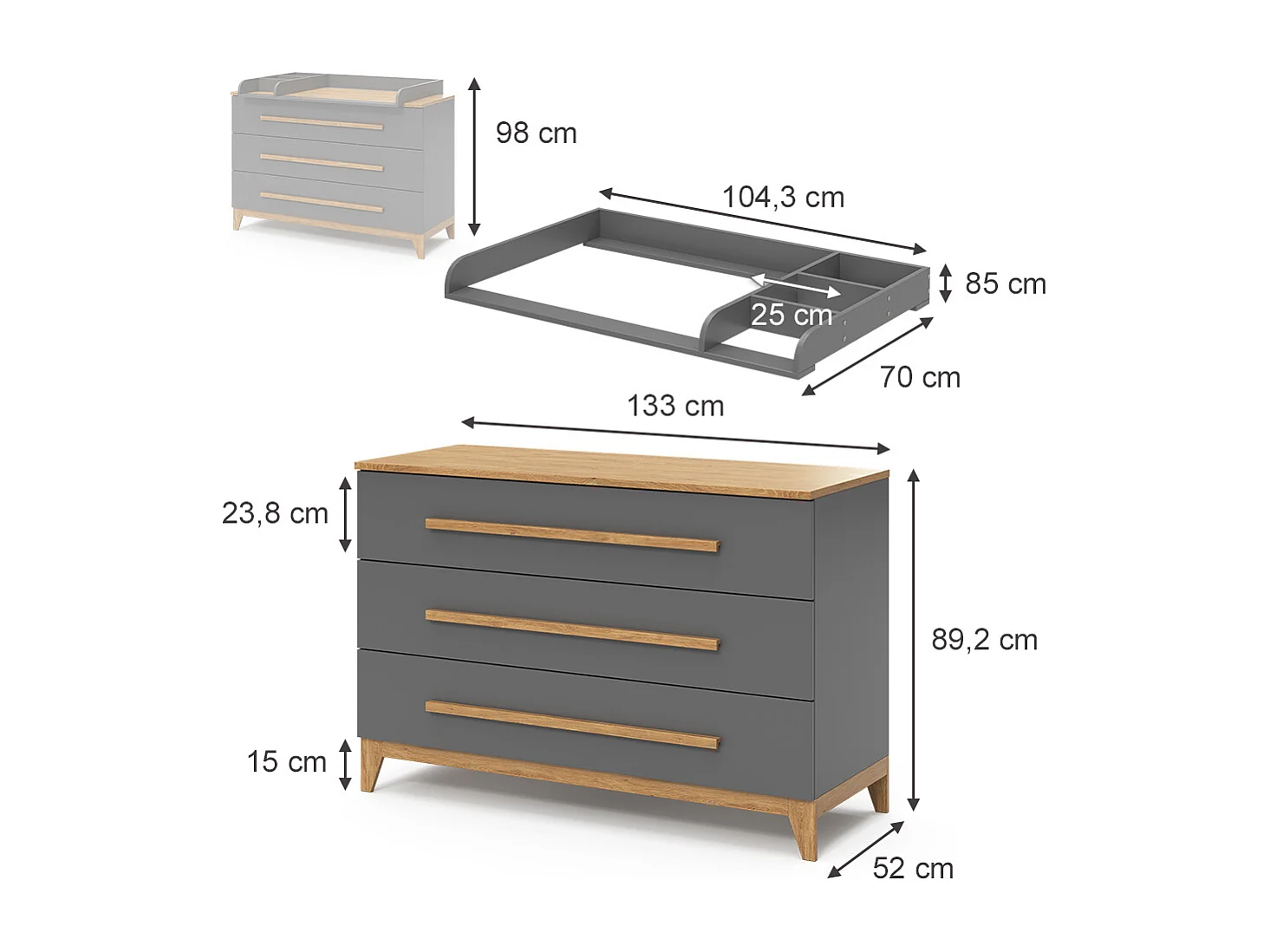 Commode à langer gris 133x70x98 malia
