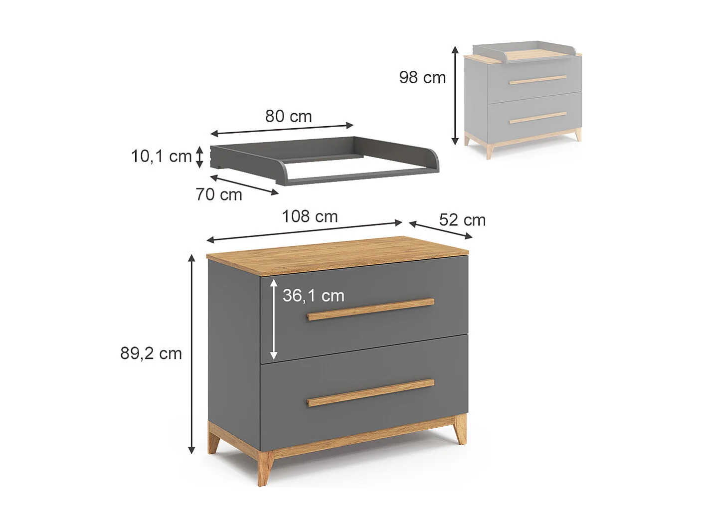 Commode à langer gris 108x70x98 malia