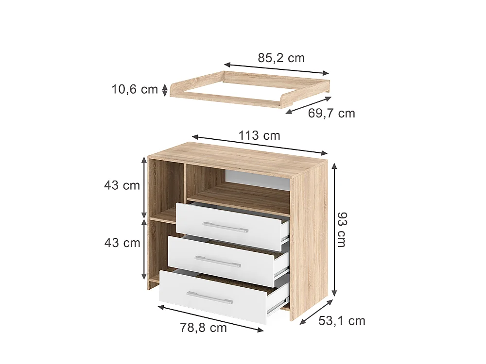 Commode à langer blanc/sonoma 113x53x100 oskar
