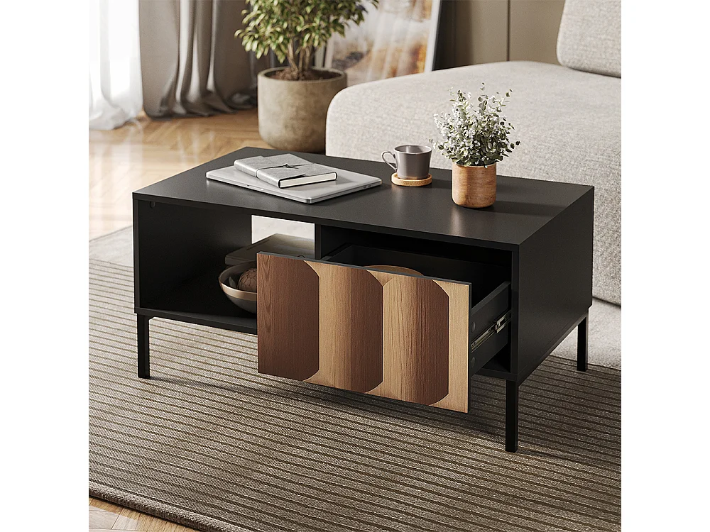 Table basse noir/chêne 90x50x45 eliza