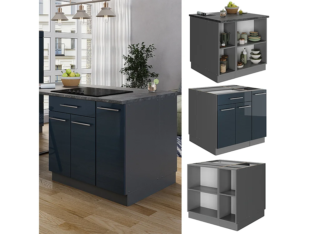 Armoire de cuisine bleu foncé brillant 90x60x82 fame-line