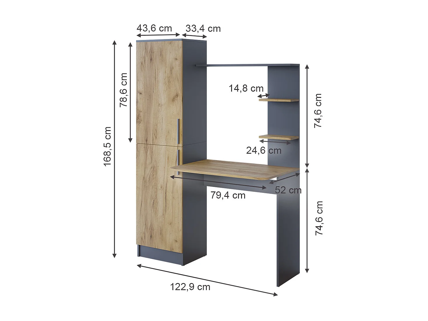 Bureau anthracite/chêne doré 122.9x52x168.5 tessa