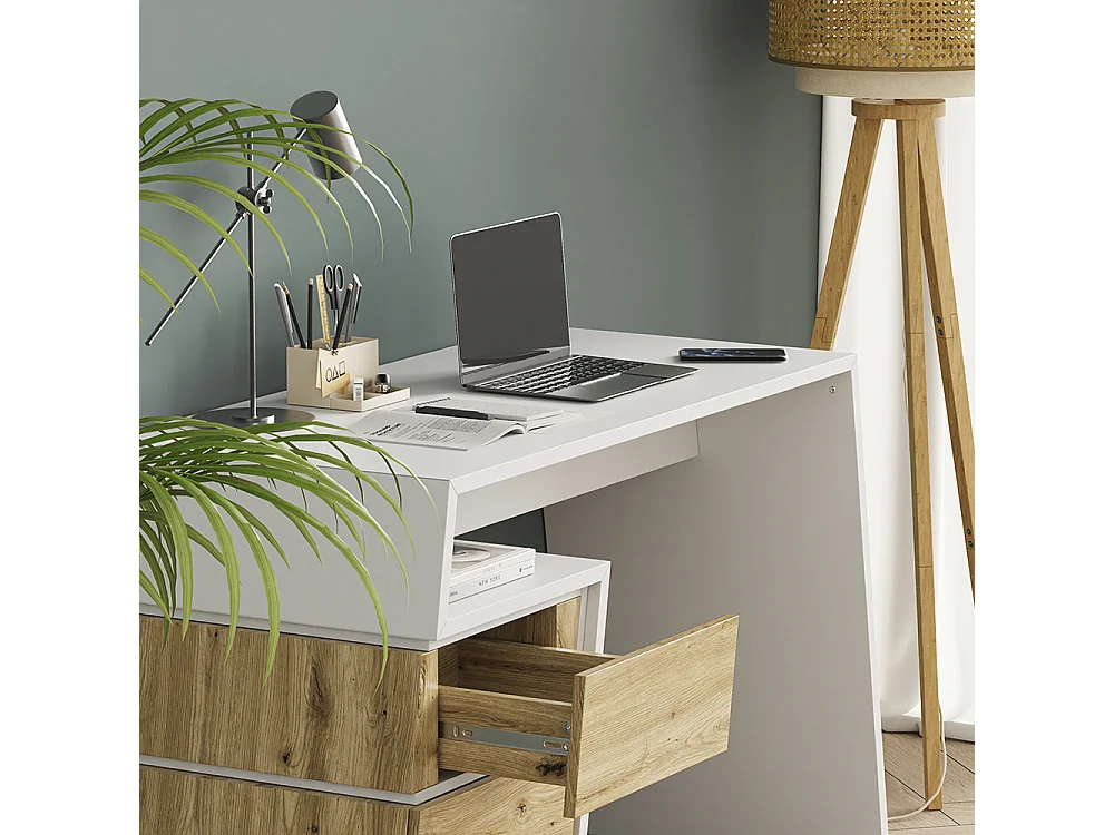 Bureau blanc/chêne 105x50x75 okaro