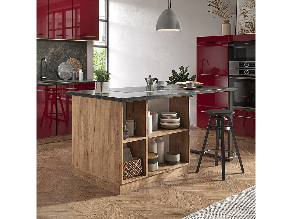 Kücheninsel bordeaux hochglanz/goldkraft eiche 90x60x82 fame-line