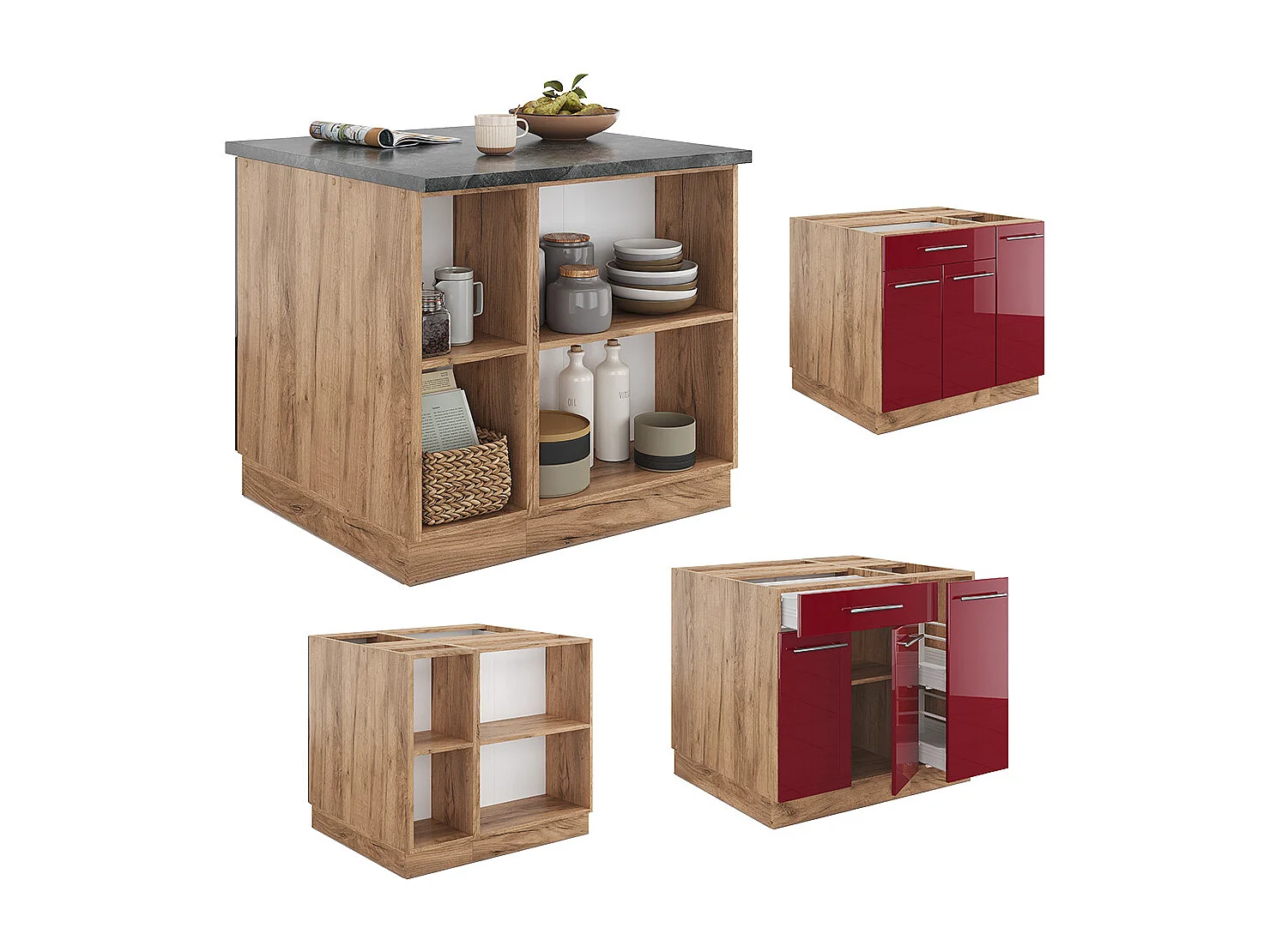 Îlot de cuisine bordeaux brillant/chêne doré 90x60x82 fame-line