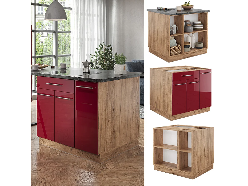 Îlot de cuisine bordeaux brillant/chêne doré 90x60x82 fame-line