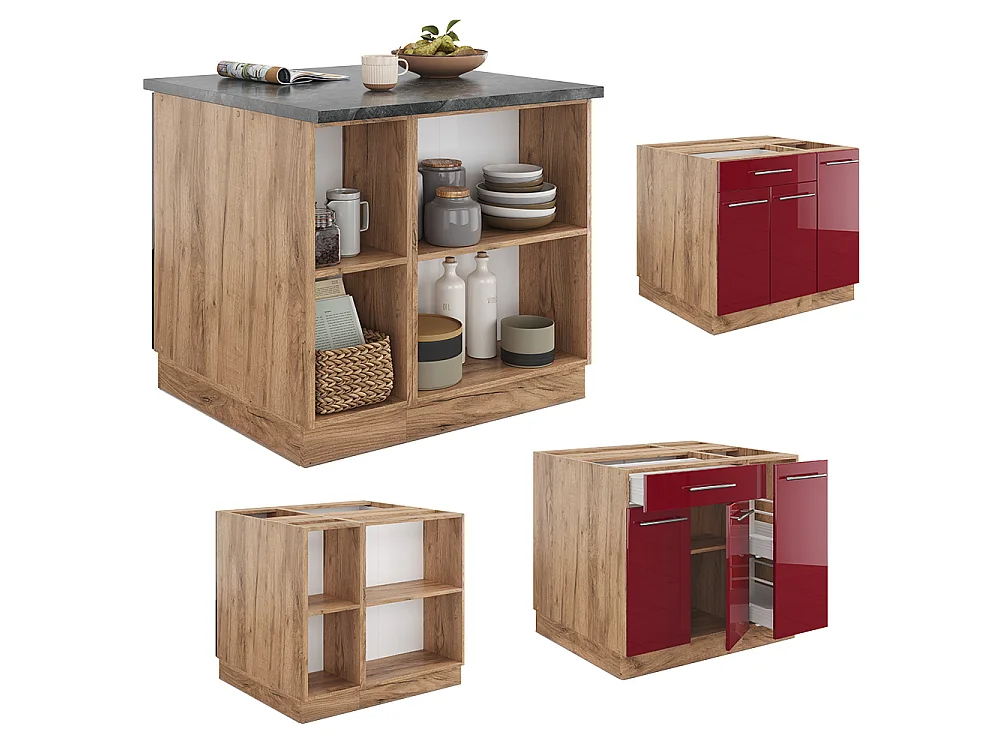 Îlot de cuisine bordeaux brillant/chêne doré 90x60x82 fame-line