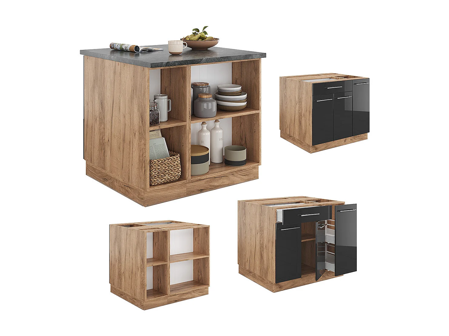 Kücheninsel anthrazit hochglanz/goldkraft eiche 90x60x82 fame-line