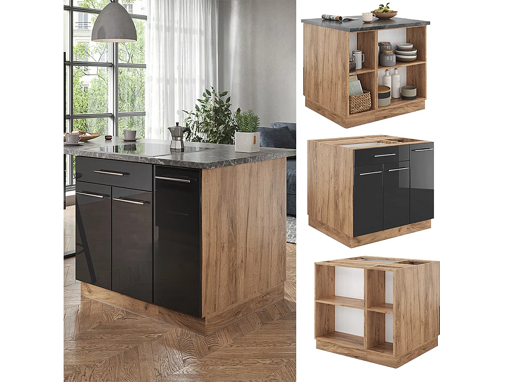 Wyspa kuchenna antracytowy wysoki połysk/złoty dąb power 90x60x82 fame-line