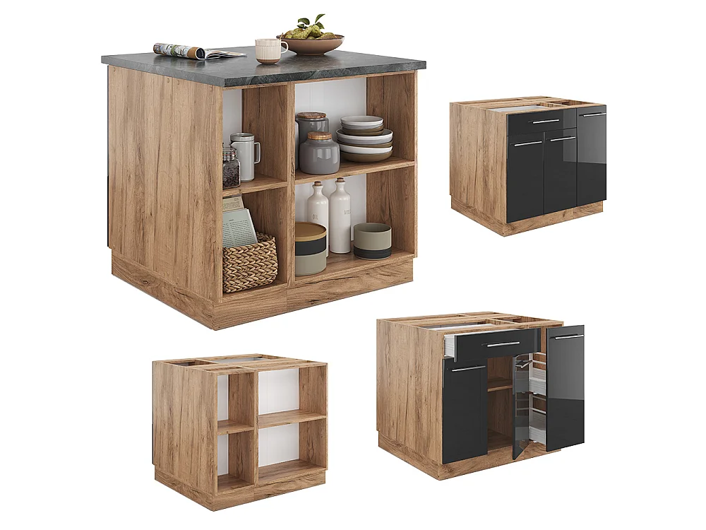 Wyspa kuchenna antracytowy wysoki połysk/złoty dąb power 90x60x82 fame-line