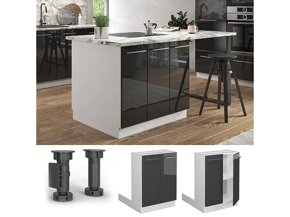 Armário de cozinha com ilha antracite alto brilho 60x30x82 fame-line